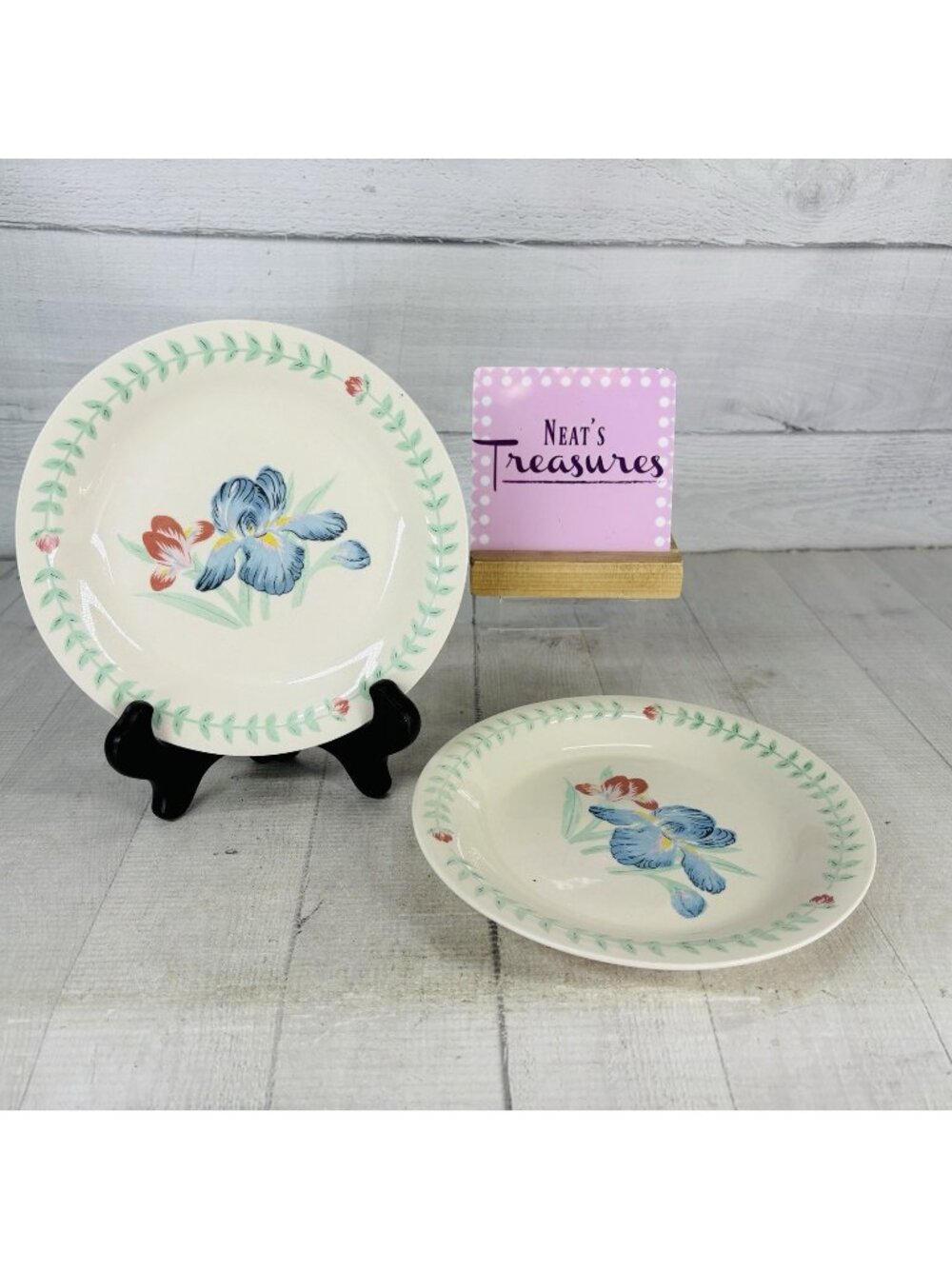 Tabletops Unlimited BOTANICA Pink Blue Iris Green Leaves 7.5" Salad Plates Set 2